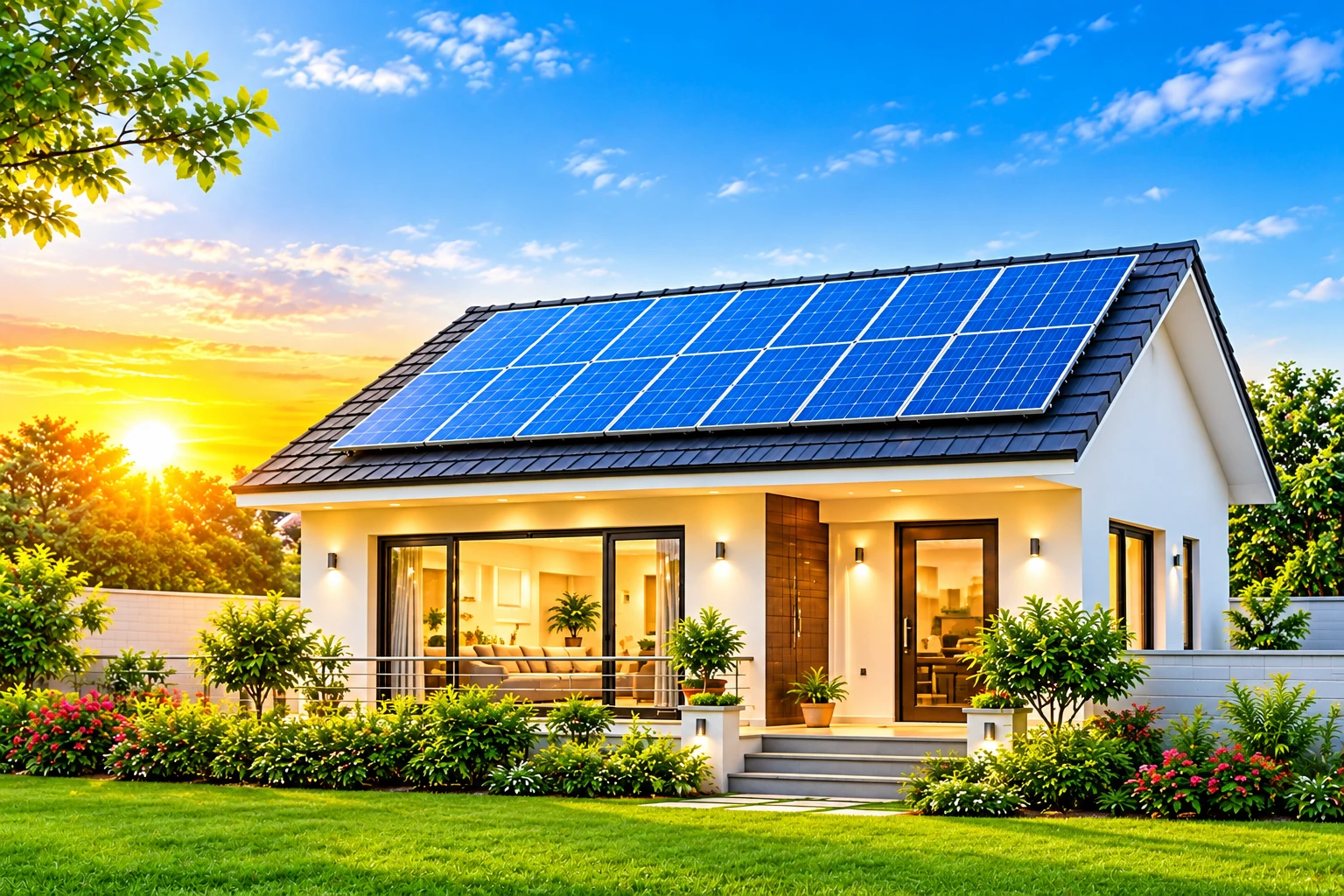Prime Minister Modi greeting beside a solar-powered home